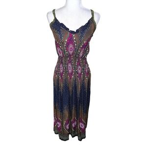 Boho Peacock Feather Print Smocked Maxi Dress Navy Purple Festival Casual M